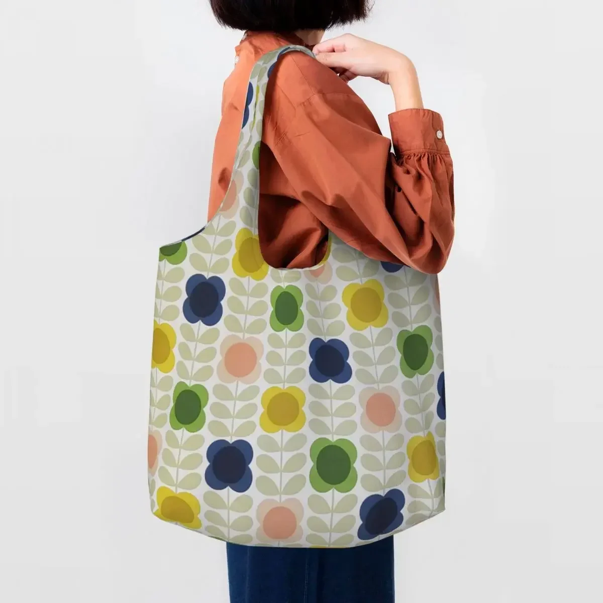 Orla Kiely 스칸디나비아 꽃 캔버스 쇼핑백, 여성용 세탁 가능, 대용량 식료품 토트 쇼핑백, 핸드백