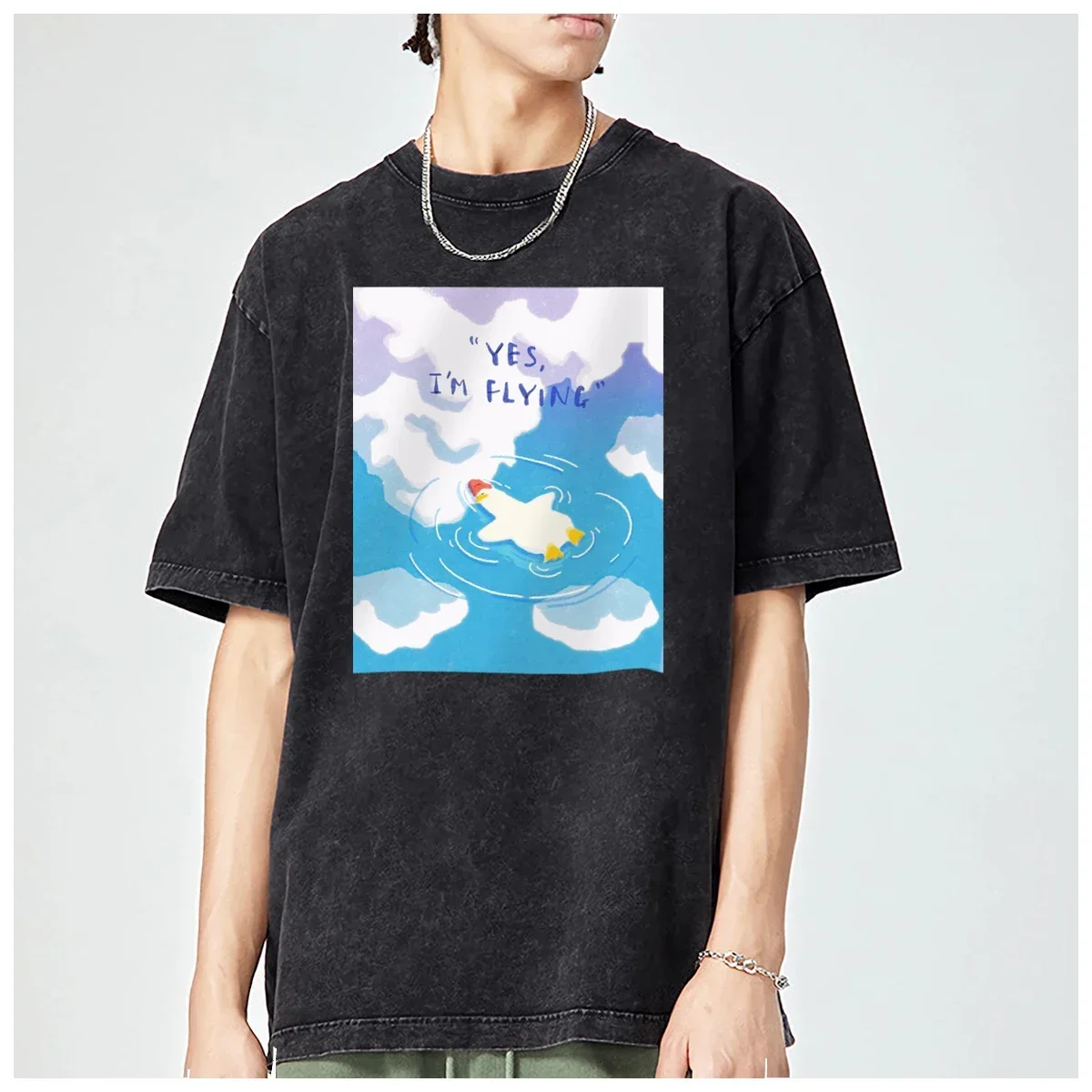 Artist Duckling Blue Sky Swimming Pool Leisure Appearance Oversized t shirt men Women Fashion Casual Vintage Washed Cotton Print