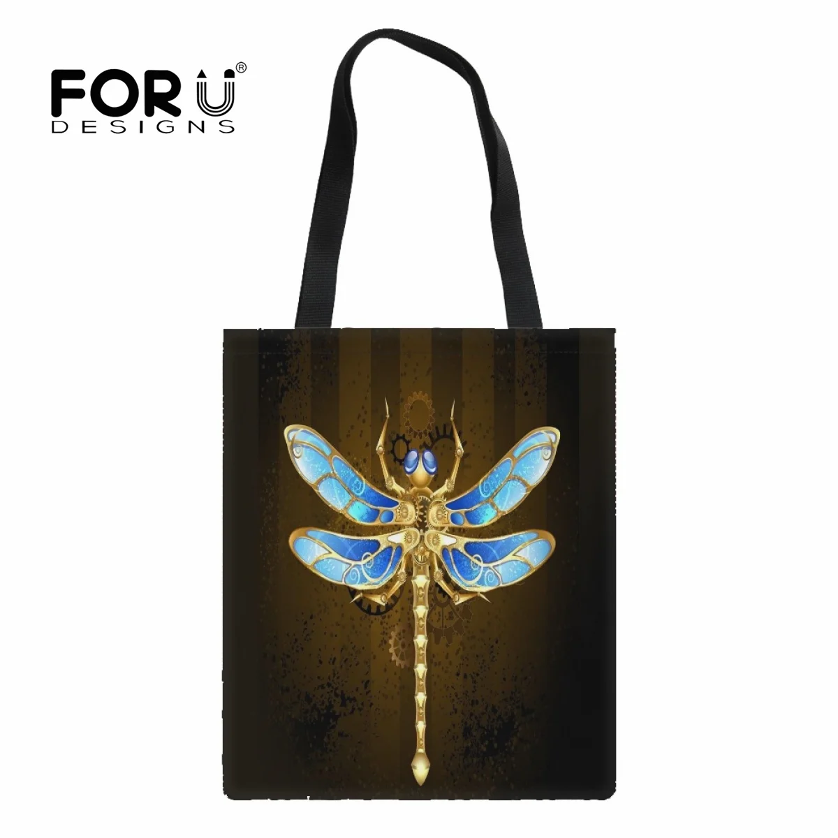 

FORUDESIGNS Eco Women Shoulder Bags Gold Dragonfly Design Female Handbag Canvas Shopping Bag Casual Large Ladies Travel Totes