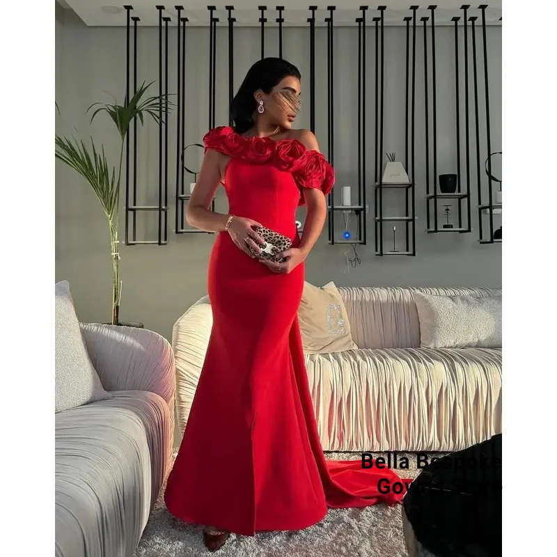 

Saudi Mermaid Red Prom Dresses One Shoulder Handmade Flowers Floor Length Evening Gowns Wedding Guest Party Dress Customized