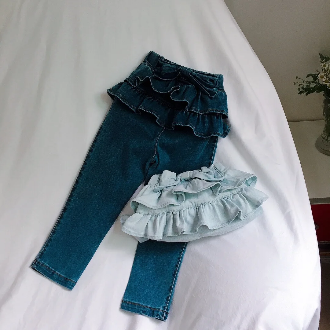 Spring 2024 Korean Kids Girls Clothes Ruffles Long Sleeve Tees and Girls Ruffles Bow Jeans Outfit Set