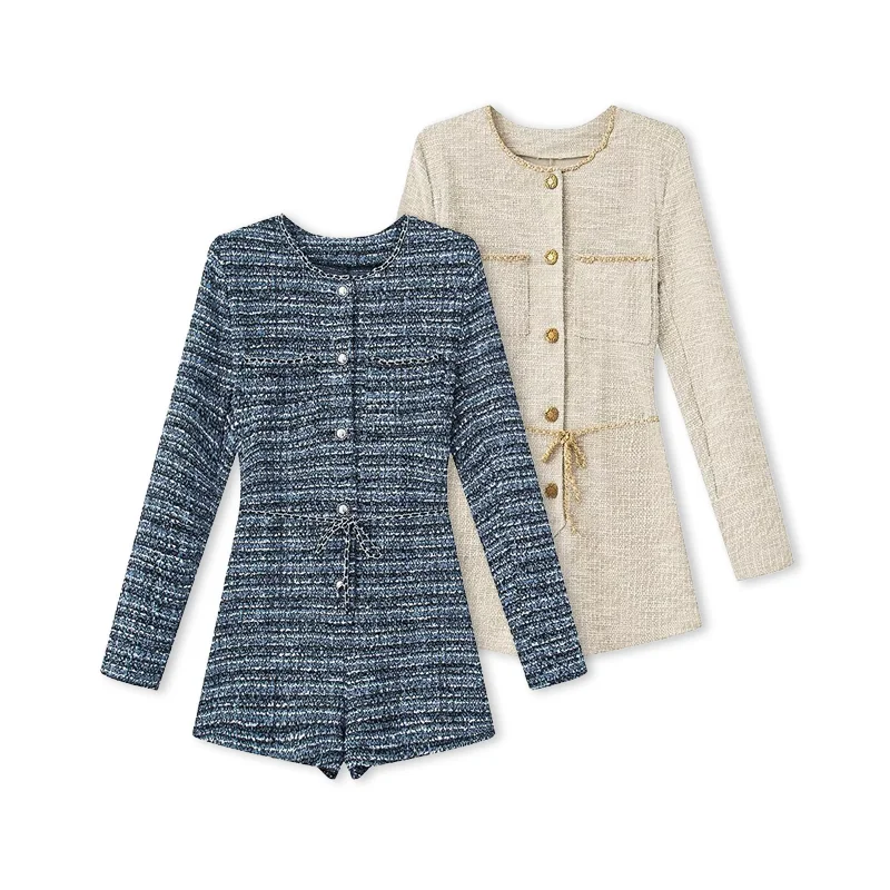 Mono elástico ajustado de tweed estilo francés de lujo para mujer, ideal para compras y uso diario, colección primavera-verano.