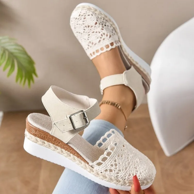 Women's Sandals Round Toe Wedge Heel Woven-Look Platform Crochet-Look Cutout Ankle Strap Buckle Casual Summer Footwear Choice