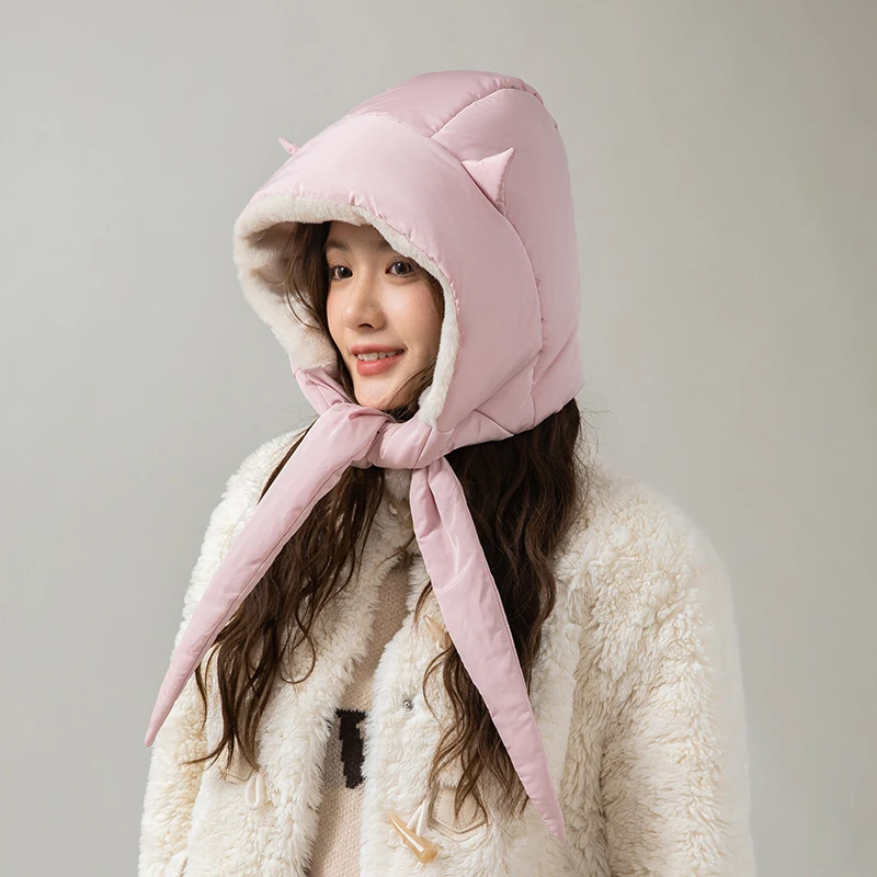 

Winter Thermal Beanie with Decorative Horn Accents & Integrated Scarf Ushanka Windproof Cold Weather Hats with Neck Wrap Chapka