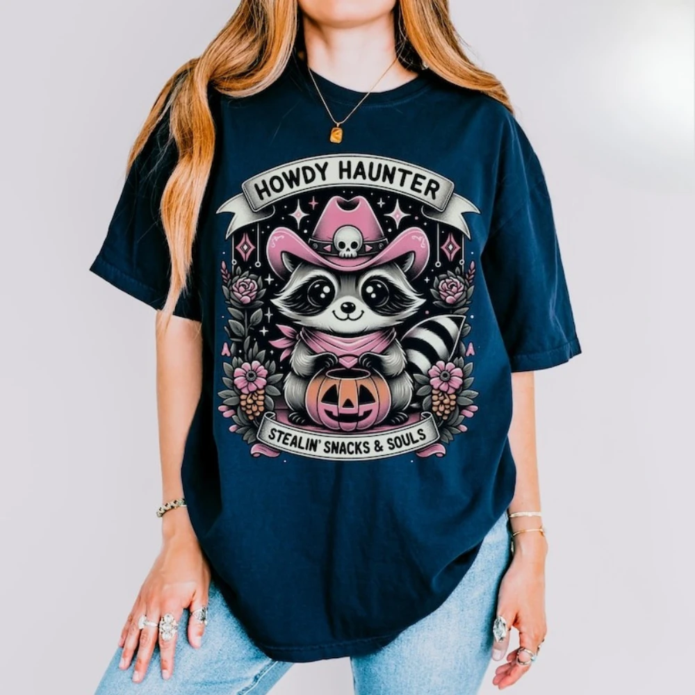 Howdy Haunter Stealin Snacks Souls Cowboy Ghost Halloween Shirt Woman Vintage Autumn Festival Cotton Graphic T Shirts Tops Tee