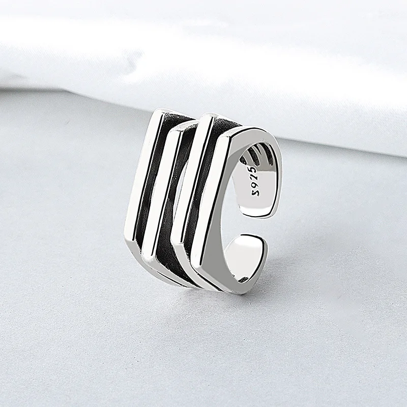 PANJBJ 925 Sterling Silve Wielowarstwowy nieregularny geometryczny pierścionek dla kobiet Prosty urok Biżuteria retro Prezent Dropshipping