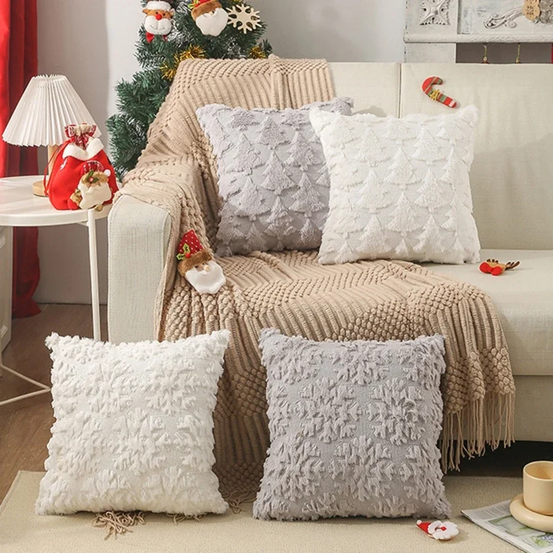 Christmas Plush Pillow Covers Double-Sided Snowflake/Tree Pattern Cushion Cases for Home Decor Sofa Pillow Case