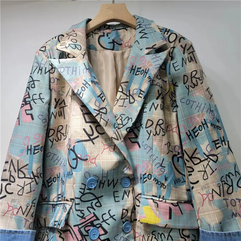 Veste de costume à carreaux avec lettres Graffiti imprimées, couleur contrastée, Cowboy, Patchwork, col cranté, manches longues, manteau blazer féminin