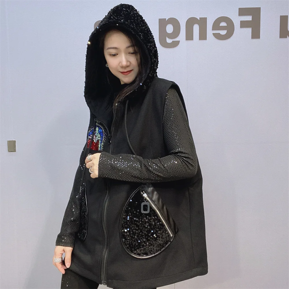 Fashion Sequins Loose Hooded Cartoon Hot Diamond Vest Women 2024 Fall Winter New Fashion Chic High-end Mid Length Black Vest