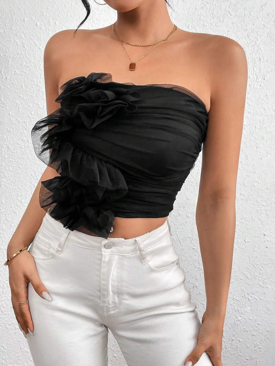 Top sin tirantes plisado de malla sexy elegante estilo veraniego para mujer