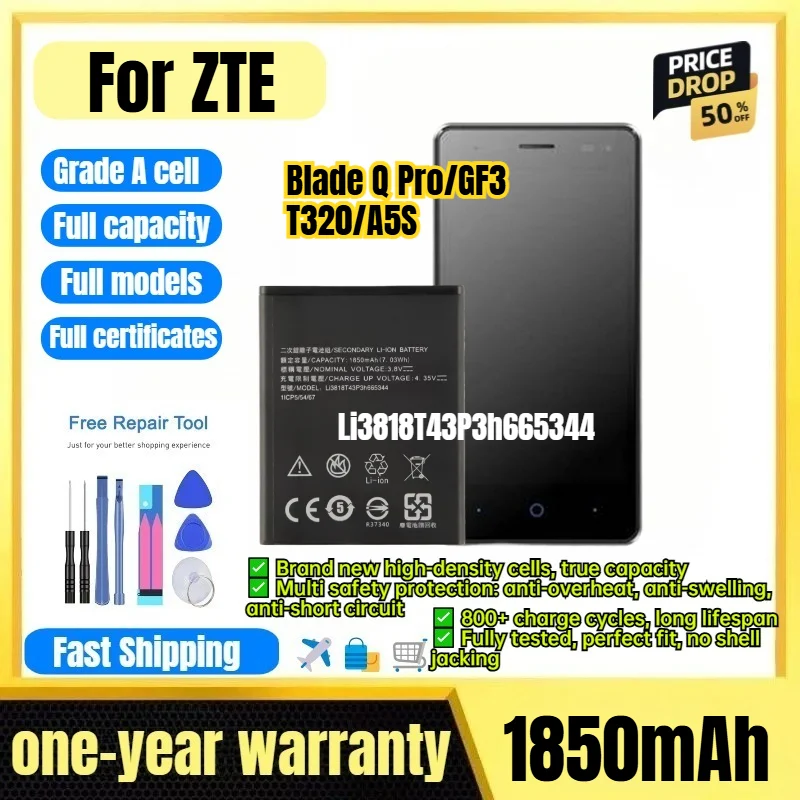 Li3818T43P3h665344 for ZTE Blade Q Pro/GF3/T320/A5S Phone Battery 0 Cycle High Capacity Battery Replacement Bateria with Tools