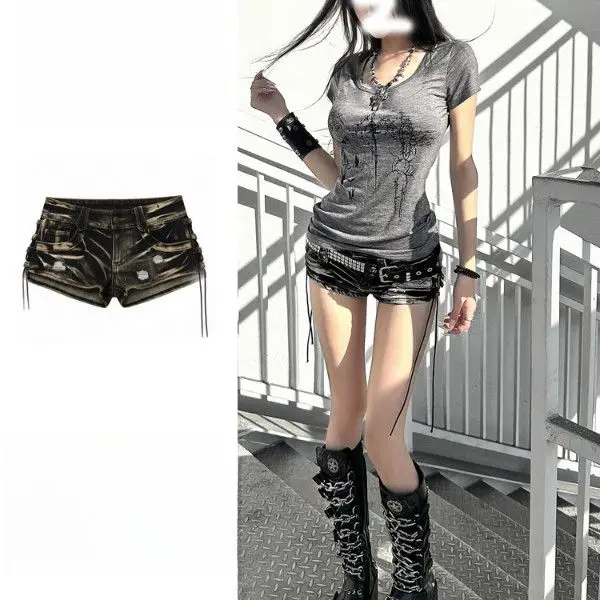 Y2k Shorts Punk Wash Black Strap Denim Super Shorts Women Low Waist Slim Fit Hip Hot Pants