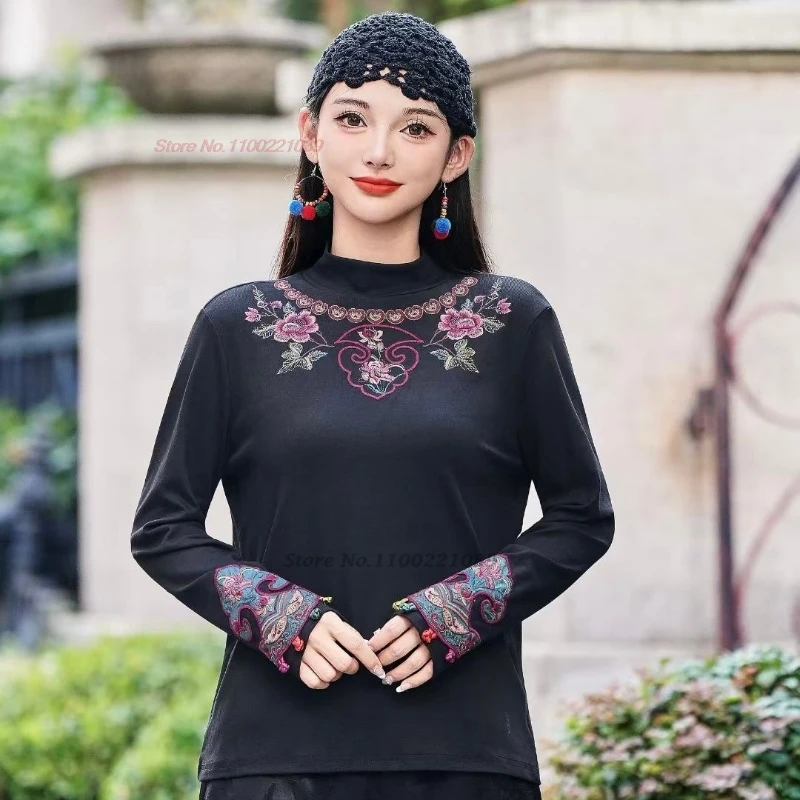

2025 traditional chinese vintage shirt national flower embroidered stand collar shirt oriental folk shirt ethnic base shirt