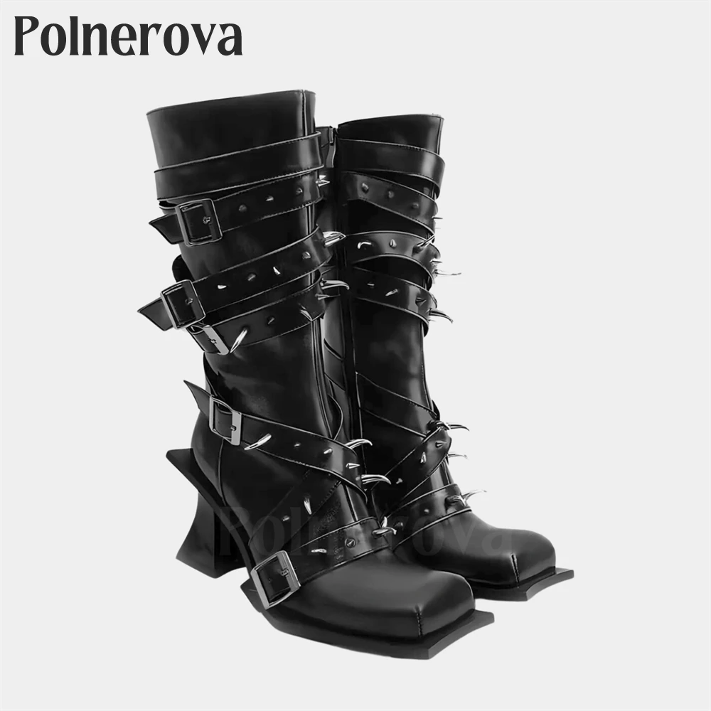 Punk Style Studded Knee-High Boots Metallic Silver Spikes Handmade Boots Belt Buckle Vegan Black Leather Modern Boots for Women