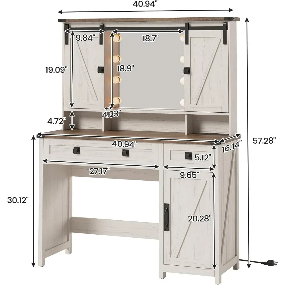 Makeup Vanity with Lights & Barn Doors, Vanity Desk with Mirror and Lights & Charging Station, Farmhouse Vanity Table image 5