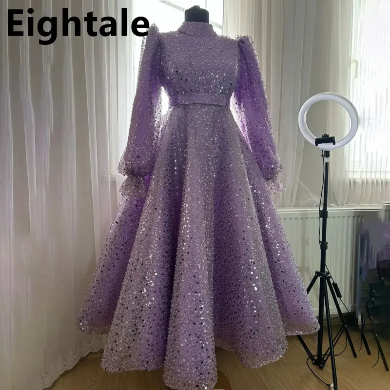 

Eightale 2025 Lavender Sequins High Neck Dubai Long Sleeve Arabic Prom Dress Evening Dress Formal Party Gown Robes De Soirée