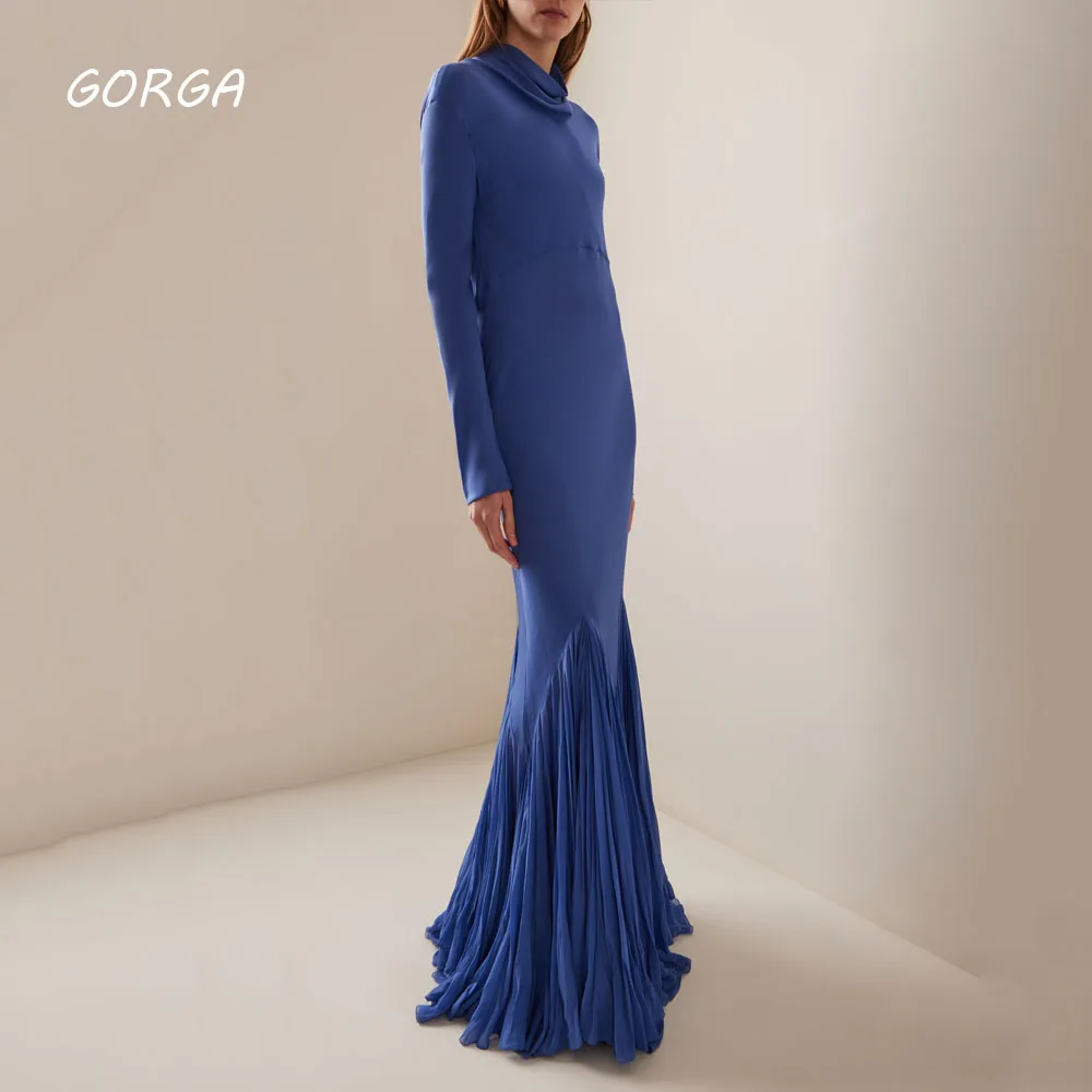 

GORGA Dark Blue High Neck Pleat Mermaid 2024 Slim Backless Crepe Ocassion Gown Floor-Length Evening Dressفستان سهرة نسائي