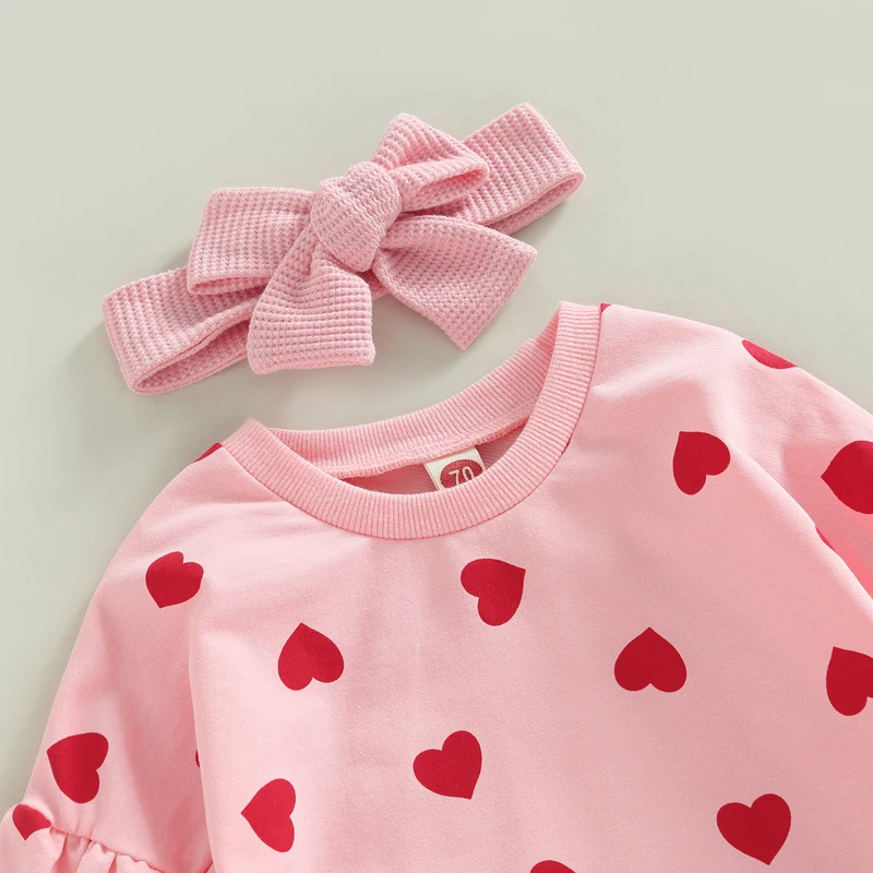 Infant Baby Girls Sweet Bodysuit Letter/Heart Print Long Sleeve Sweatshirt Autumn Spring Casual Jumpsuits with Headband