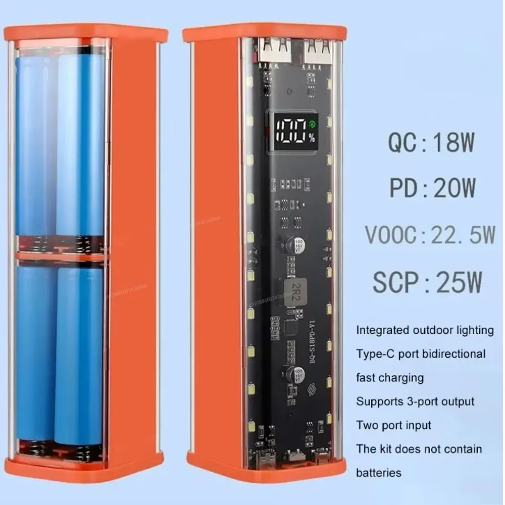 8x18650 Power Bank Case PD 22.5W Fast Charging LED Screen Transparent Battery Storage Box USB+Type-C Port For iPhone Samsung