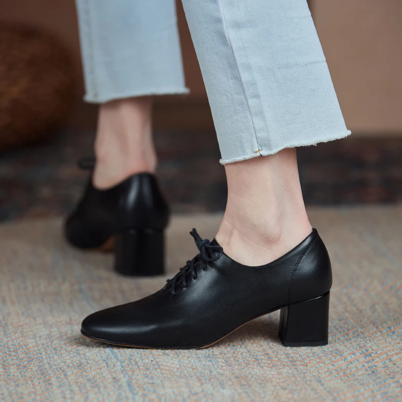 Mature Dress Women Pumps Fashion Office Ladies Thick Heels Round Toe Genuine Leather Lace-Up Shoes Woman 2023 New Spring Autumn