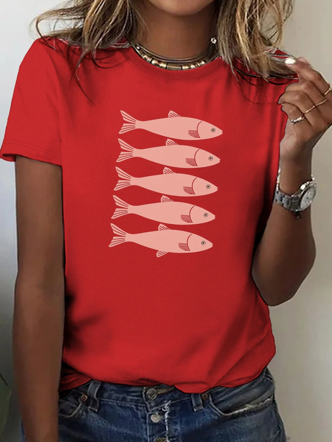 Camiseta con estampado de peces creativos, pantalón corto informal de manga corta con cuello redondo, ropa cómoda de moda para el día a día para mujer, ropa de talla grande