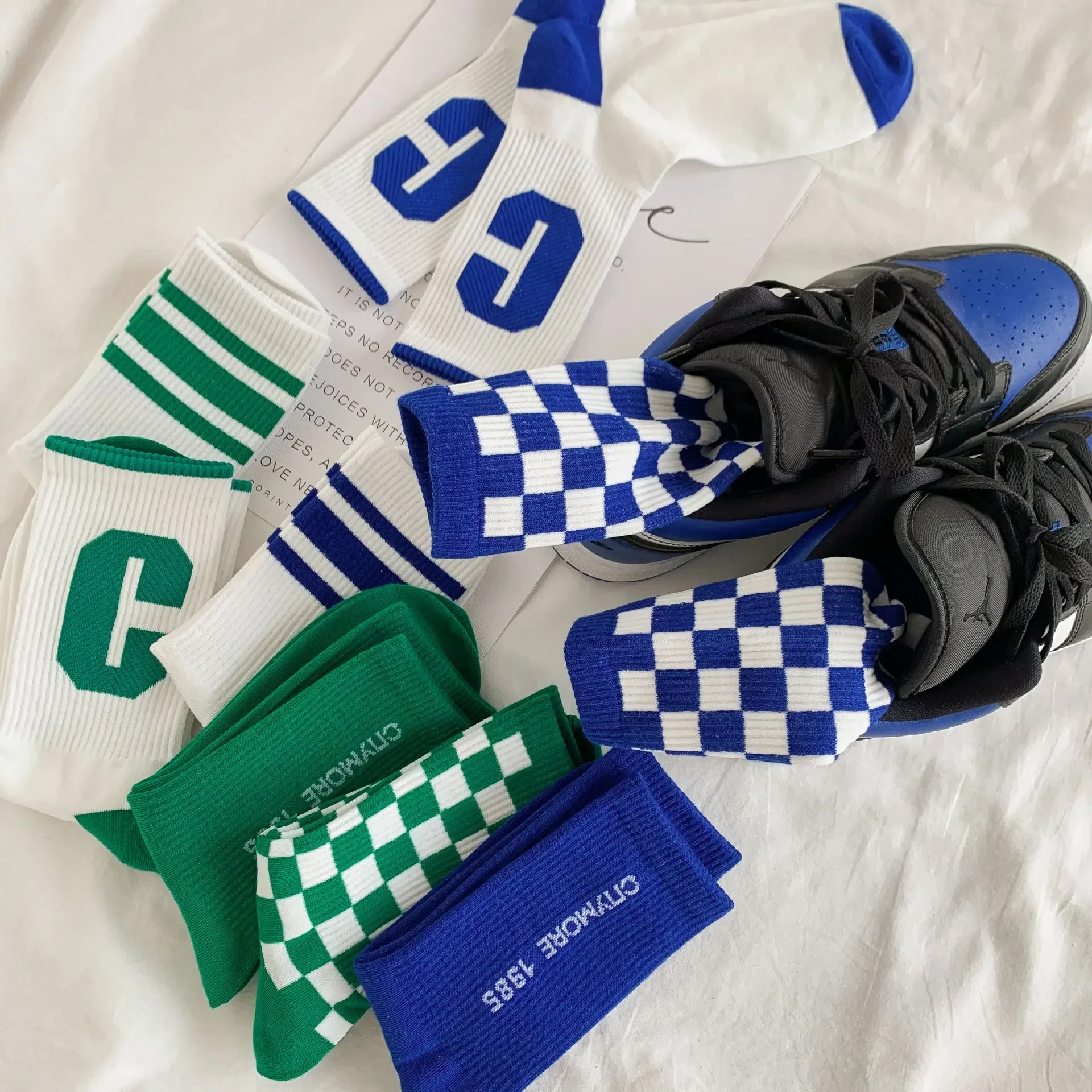 4PCS Socks Klein Blue Checkerboard Women Men Mid Length Socks Trendy and Versatile Pure Cotton Popular Spring Harajuku Socks