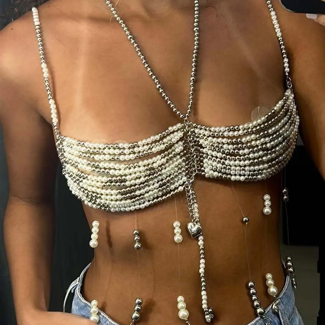 2025 Luxury Design Halter Vest Tops Multi-layer Plastic Woven Pearls Beads Breast Chain Summer Night Club Sexy Bra Body Jewelry