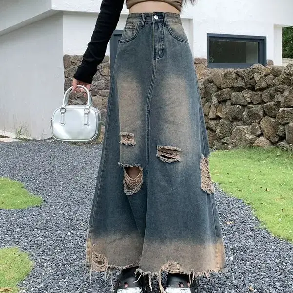 Heavy Industry Nostalgic Retro Washed High Waist New Design Slim Spring Autumn New Washed Hole Raw Edge Denim Skirt