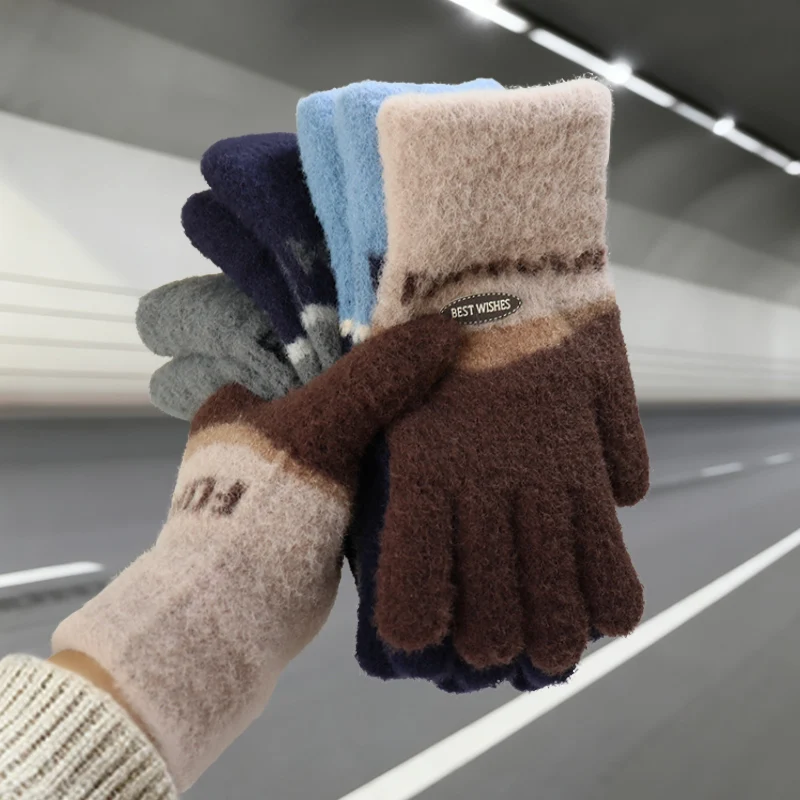 Touchscreen Cotton Gloves for Men, Winter Warm Fleece-Lined Thick Knitted Gloves for Cycling, Unisex Cold-Proof Gloves