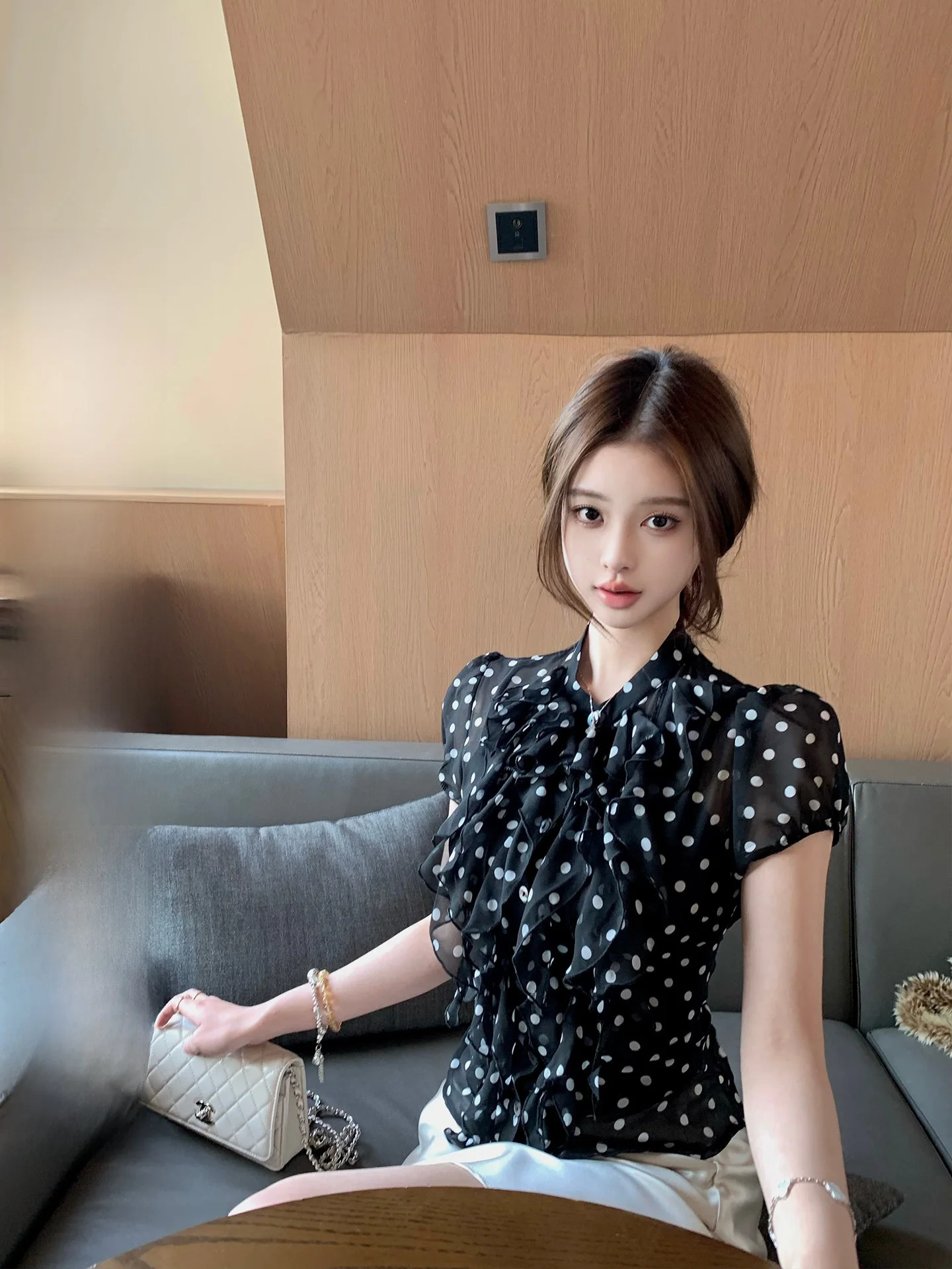 

Bla Polka Dot Chiffon Top Women's Belted Tie Design Spring Summer Slimming irt Korean Sle Commute Faion ort Sve