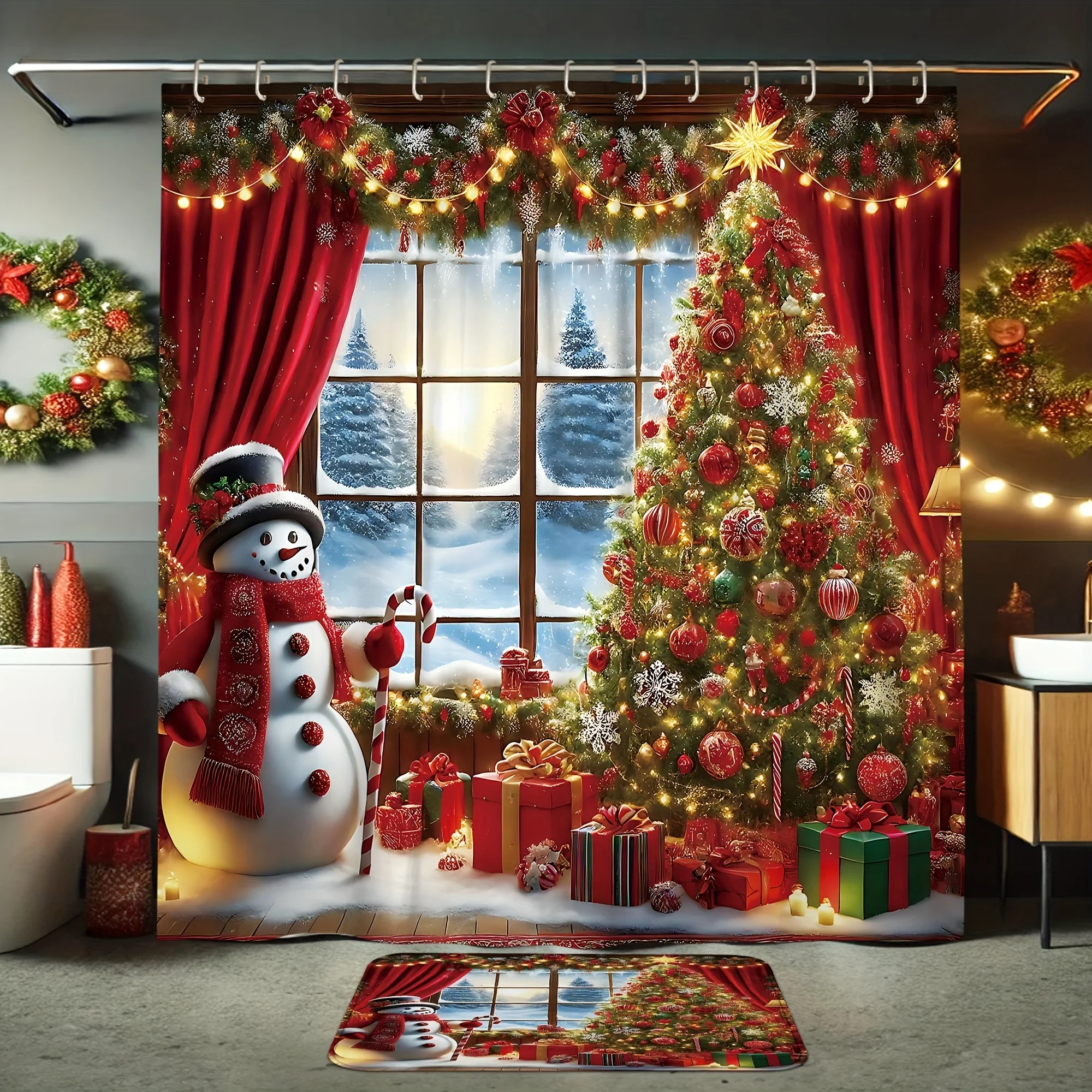 4Pcs Christmas Shower Curtain Set with Tree Snowman Window Scene, Red Golden Winter Decor, 12 Hooks with Non-slip Mat