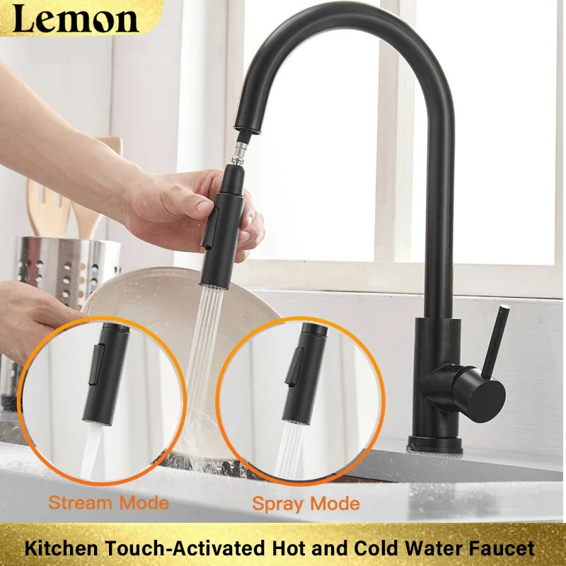 Black and Gold Kitchen Faucet, Hot/Cold Retractable Sink Faucet, 304 Stainless Steel Pull-Out Sink Faucet