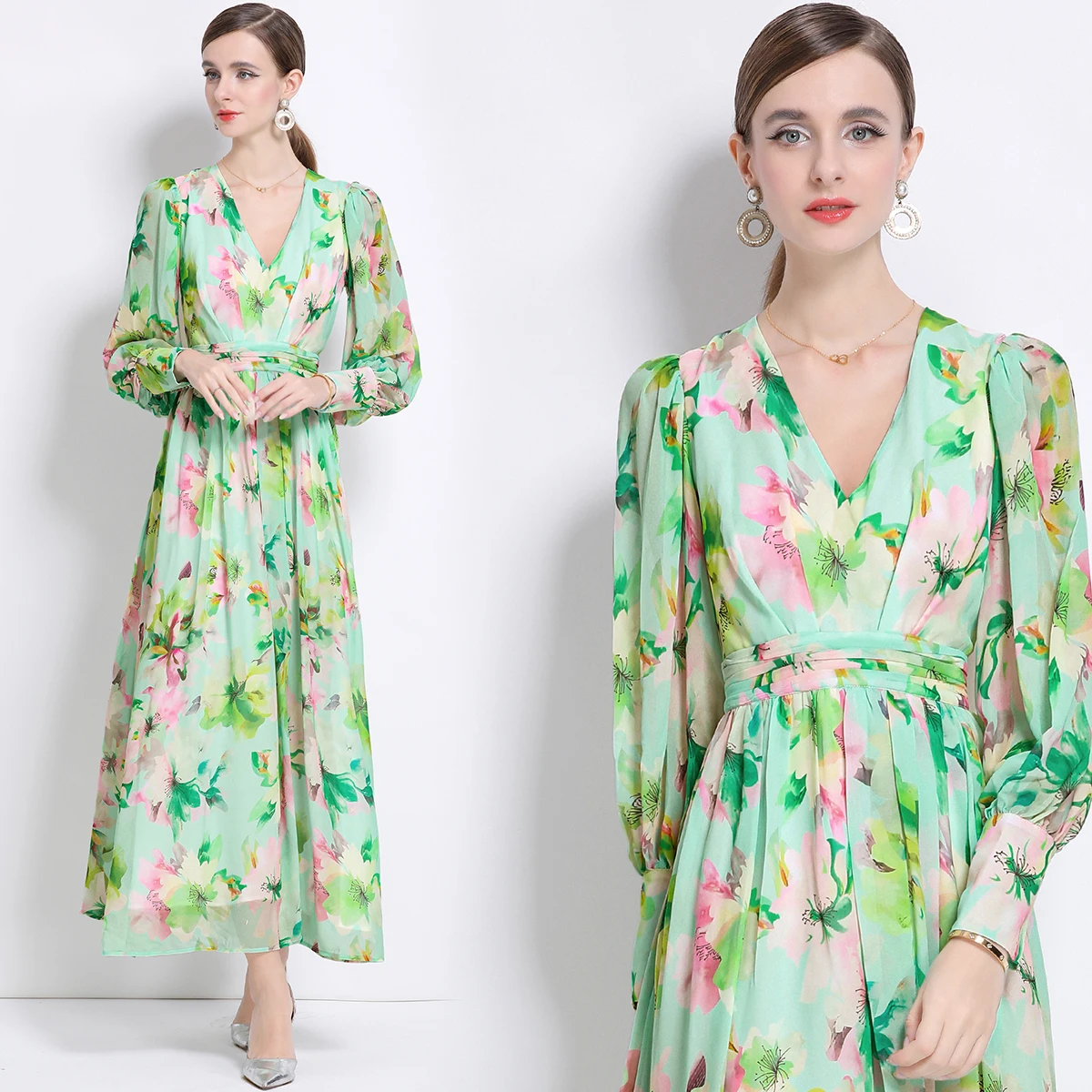 

Summer Holiday Style Floral Print Long Dresses Women's V-neck Lantern Sleeve Slim Long Sleeve Chiffon Long Dress