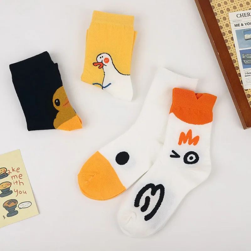 

1/4 пары весенних новых носков-трубы с мультяшным принтом желтой утки, модные, милые, повседневные, удобные, универсальные носки-трубы средней длины для женщин