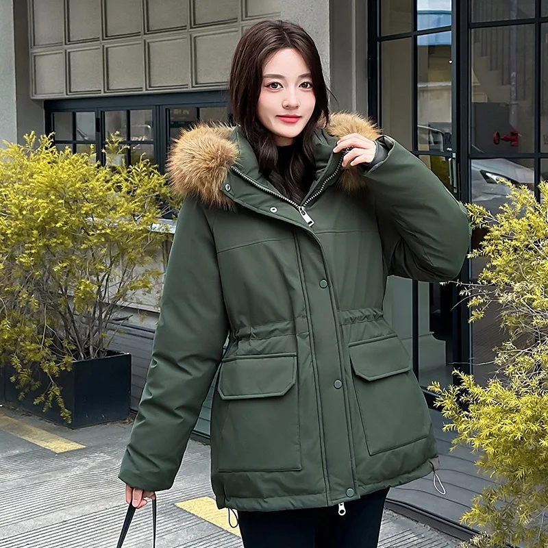 2026 Winter Women Mid‑Length Hooded Parka Faux Fur Trim Drawstring Waist Button Closure Warm Casual Daily Ladies Outerwear Trend