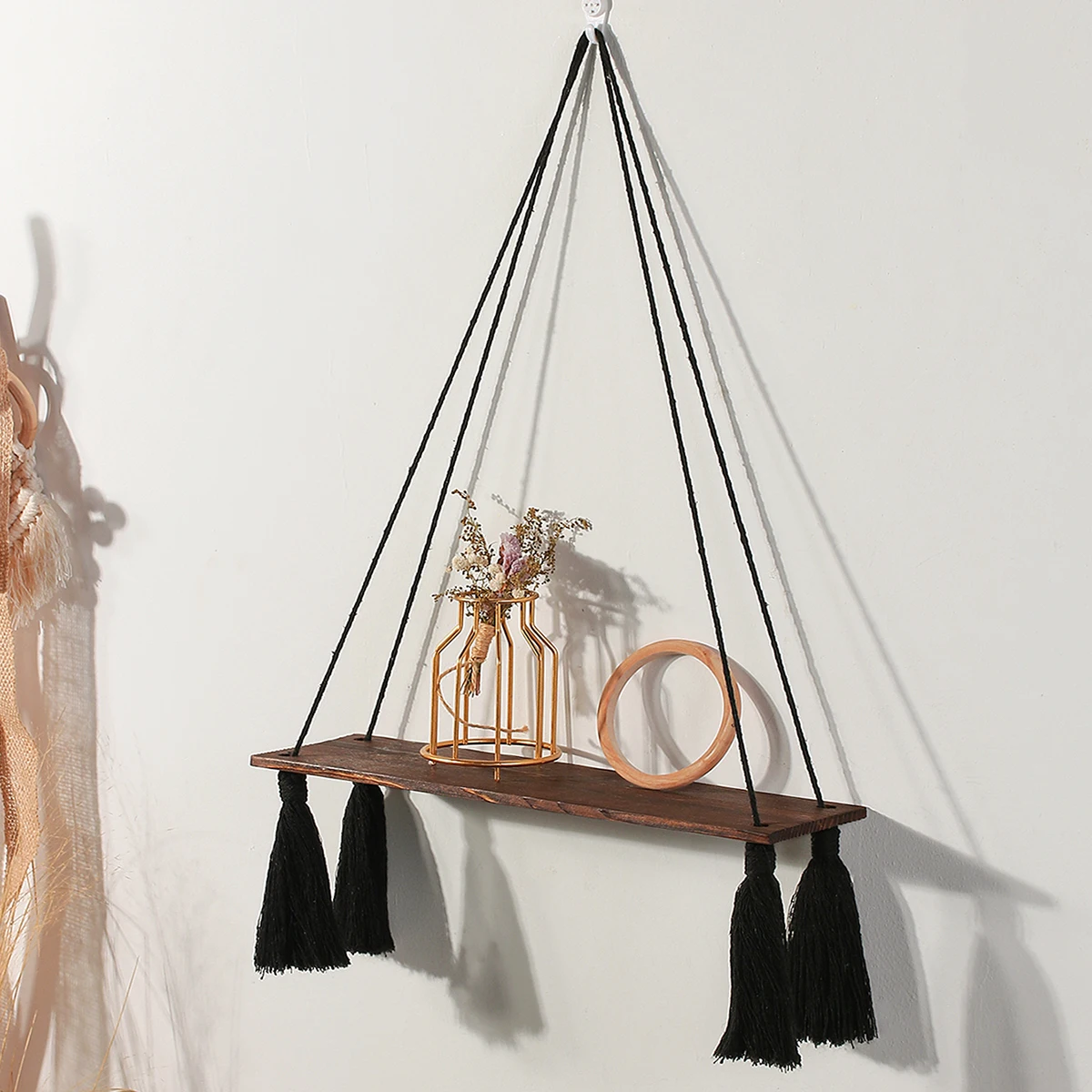 Schwarzes Holzregal zum Aufhängen, Wandregale, Boho-Heimdekoration, Kerzenhalter, Makramee-Aufbewahrungsregale für Schlafzimmer, Badezimmer, Wohnzimmer