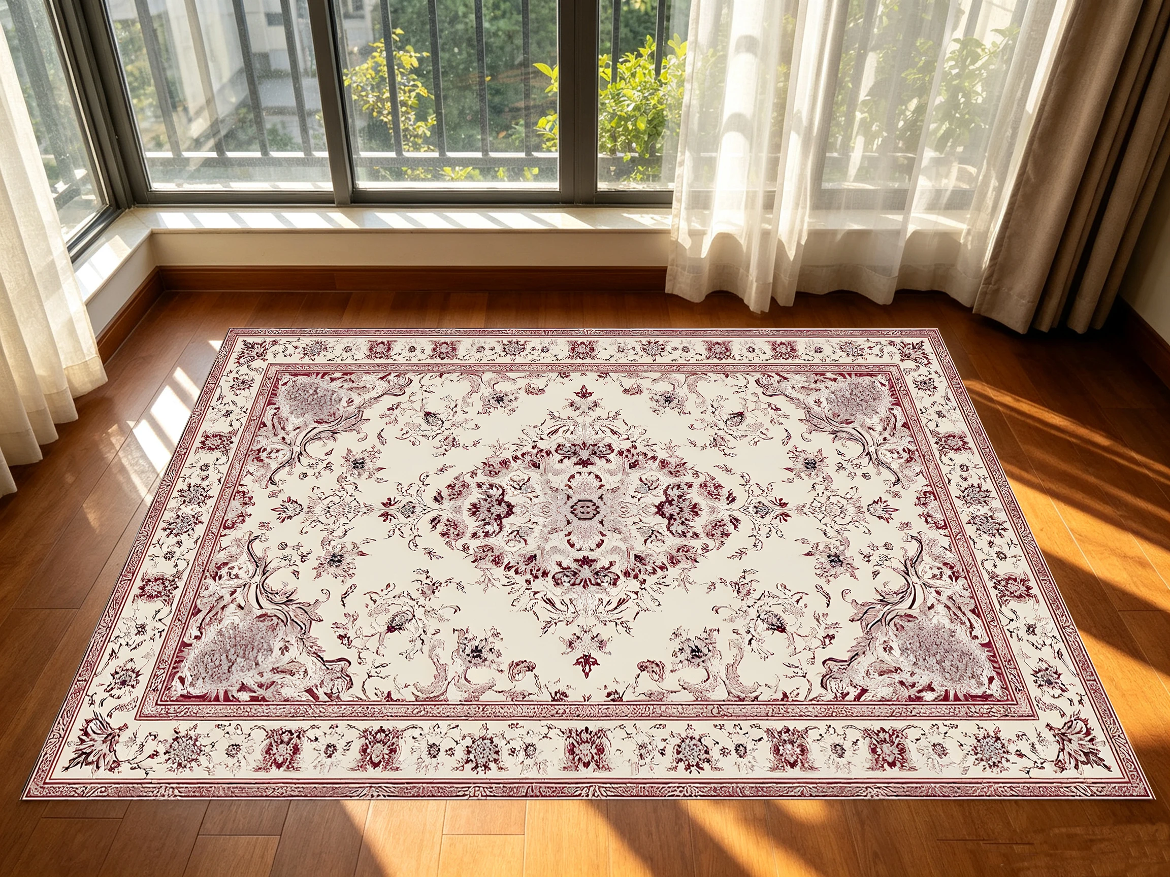 Vintage Persian-Patterned Velvet 2D Rug, Off-White & Soft Pink, Retro Style, Soft & Comfortable, for Living Room &