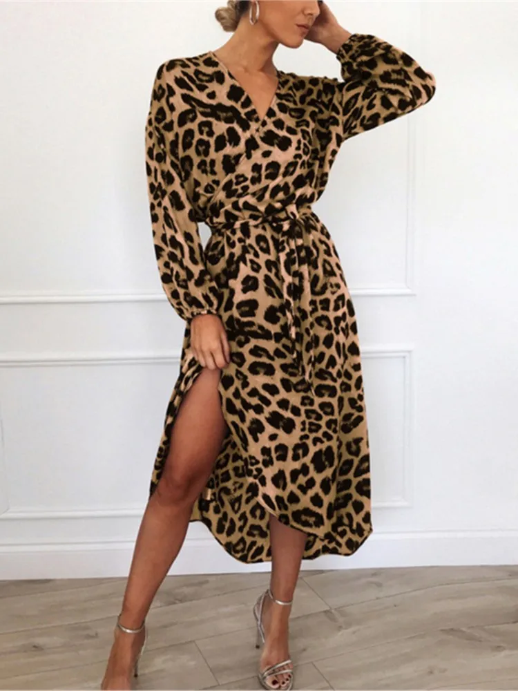 

New Women's Leopard Print Dress Autumn Fashion V-neck Lace Up High Waist Irregular Dress Casual Long Sleeved Women's Clothing