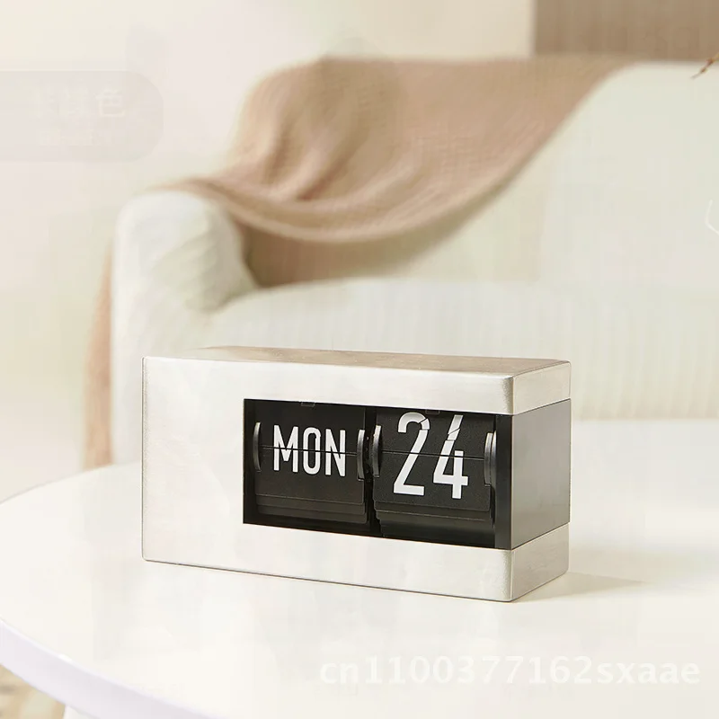 

Modern Minimalist Japanese Style Desktop Clock with Perpetual Calendar And Page Turning Feature Silver Wood Grain Finish Battery