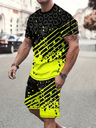 

Мужская Летняя Дизайнерская одежда с круглым вырезом, комплект с футболкой с коротким рукавом и 3D принтом, уличный комплект из 2 предметов, одежда американских размеров