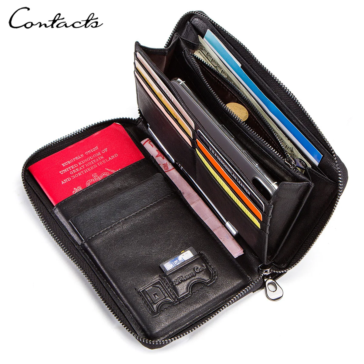 CONTACT\'S Genuine Leather Men\'s Passport Wallets Long Clutch Casual Handbags Card Holders Coin Purses Money Clip Travel Wallet