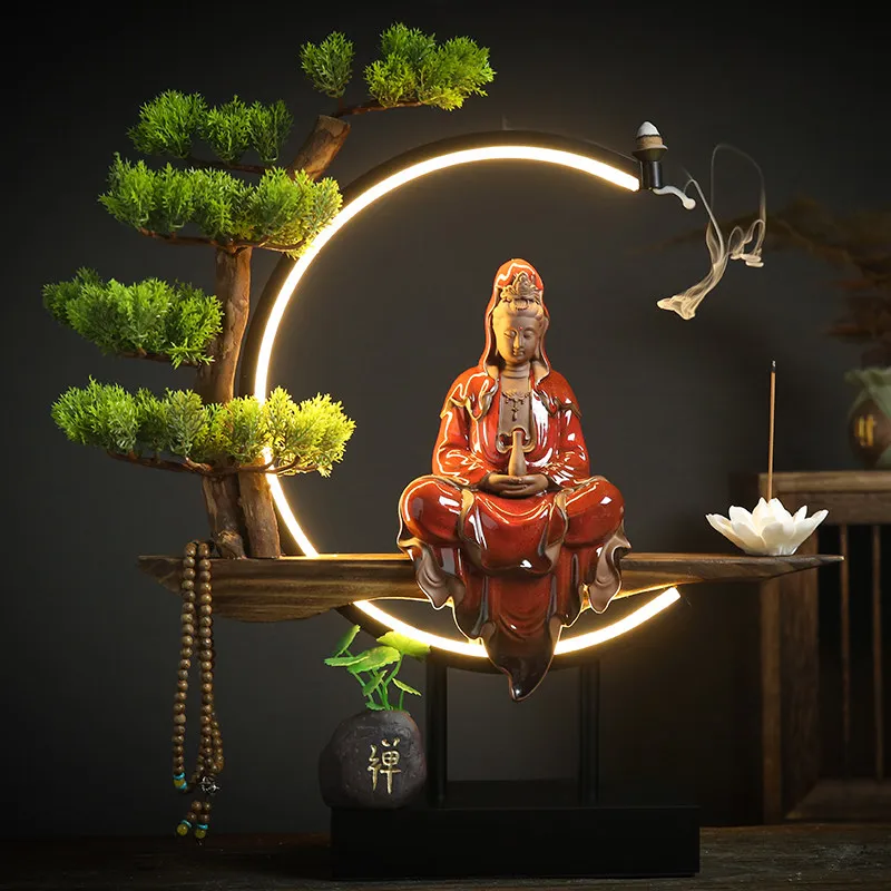 Home Decoration Accessories Figurine Living Room Decoration Desk Guanyin Bodhisattva Backflow Perfume Vase Buddha Statue