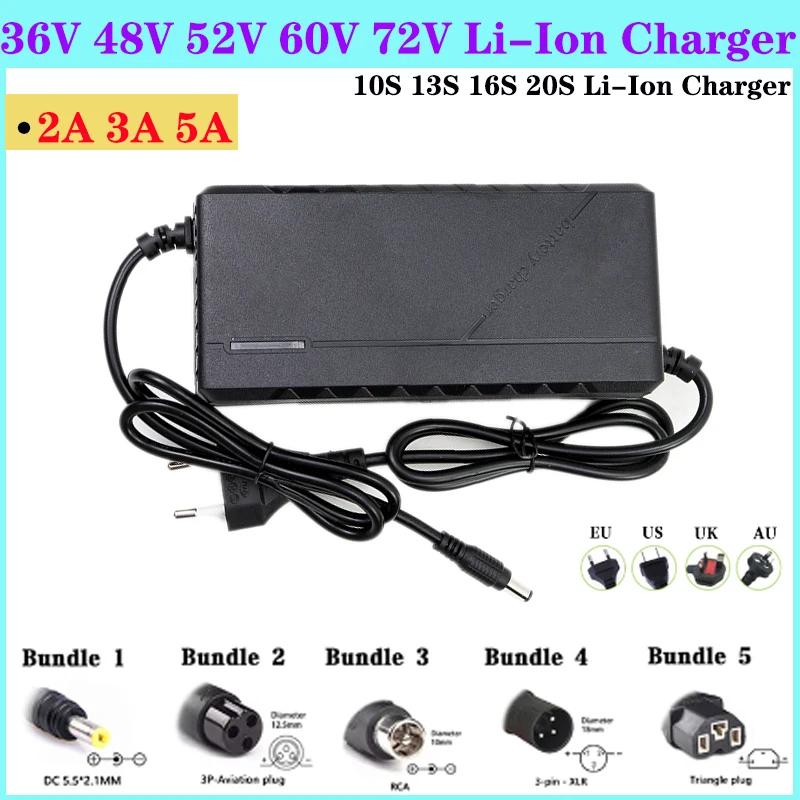 48V 52V 60V 72V 2A 3A 5A Charger 13S 14S 16S 20S Li-ion Battery Pack 54.6V 58.8V 67.2V 84V 2A 3A 5A Intelligent Fast Charging