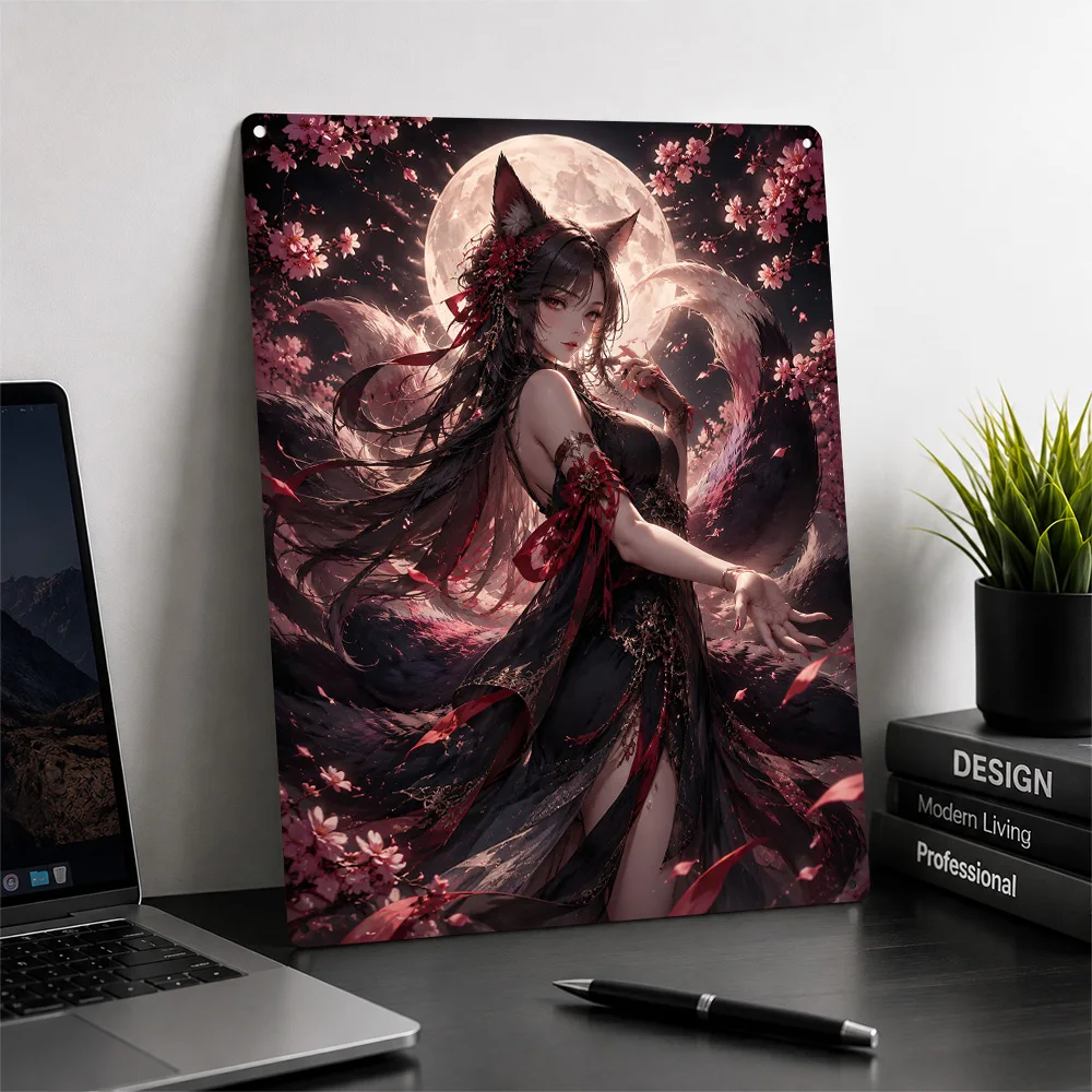 Kitsune Girl Under Full Moon and Sakura Metal Poster Perfect Gift for Fans Lovers Personalized Wall Art Metal Sign for Wand Deko