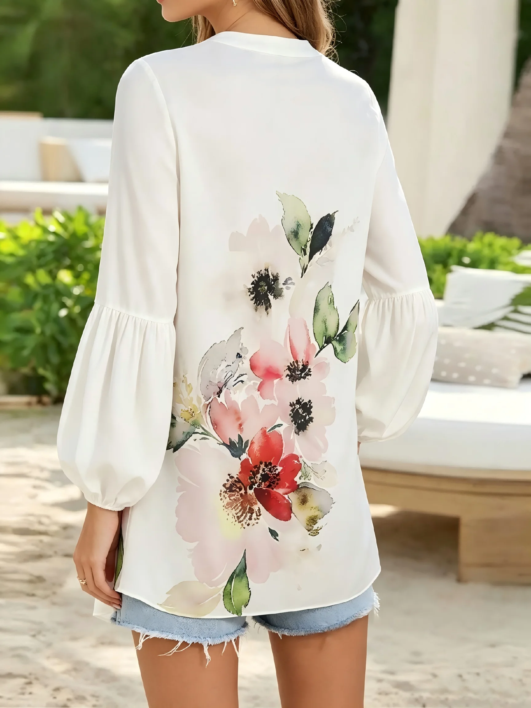 Women Watercolor Floral Print Tunic Shirt Notch V Neck Lantern Long Sleeve Button Down Loose Casual Blouse Tunic Top 3