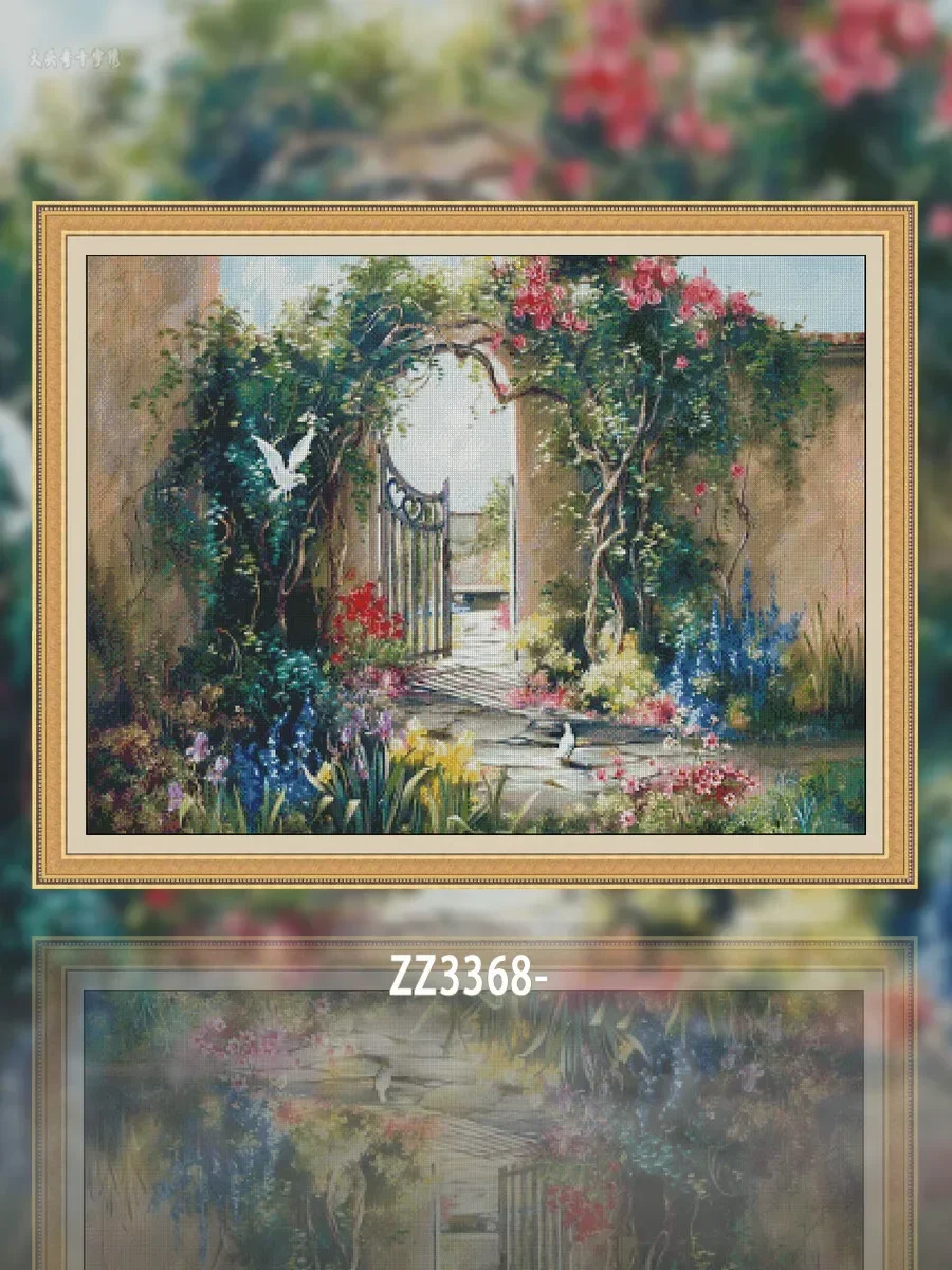 [ZZ3368-Gate of Flowers] Stamped Cross Stitch Kit 14CT 16CT Pre Printed Canvas Cotton Threads DIY Embroidery for Home Wall Decor