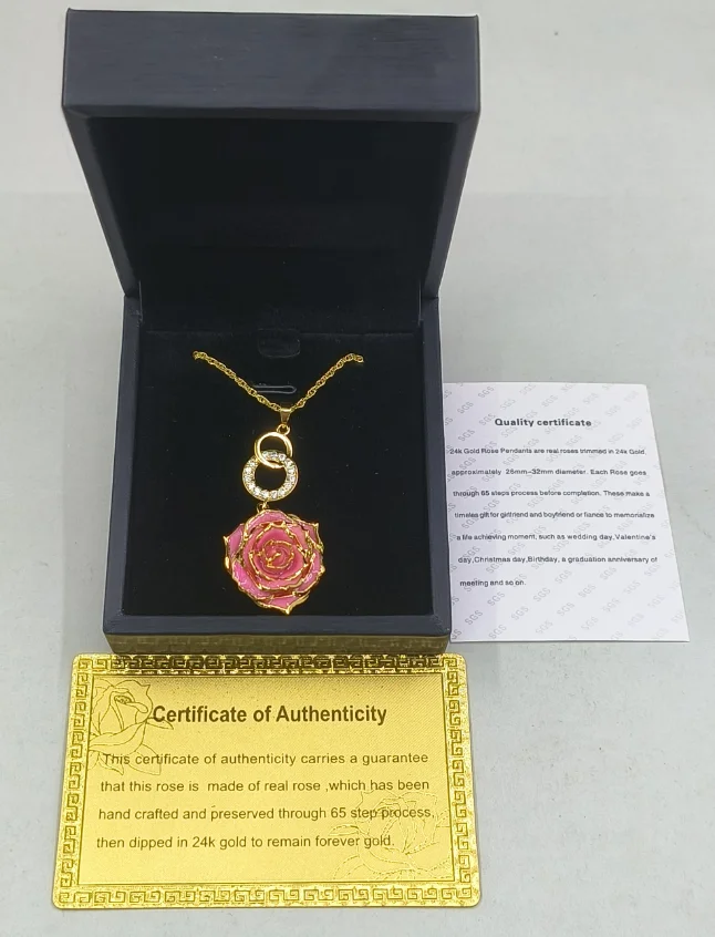 Golden Necklace Chain Eternal Rose Flower Pendant Gold Foil Natural Rose Necklace with Real Rose for Wedding Gifts