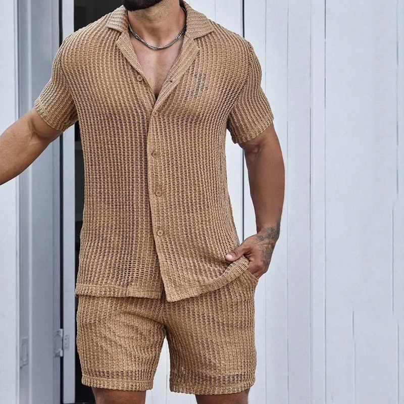 Sexy Hollow Out Mesh Knit Two Piece Suits Men Summer Beach Buttoned Lapel Shirts And Shorts Mens Outfits Casual Solid Color Sets