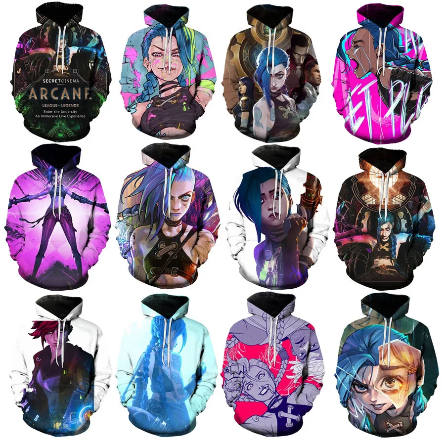 

Game LoL Arcane Cosplay Hoodies Jinx 3D Printing Long Sleeve Jacket Vi Caitlyn Fruitcake Hooded Sweatshirt Plus Size Women Men