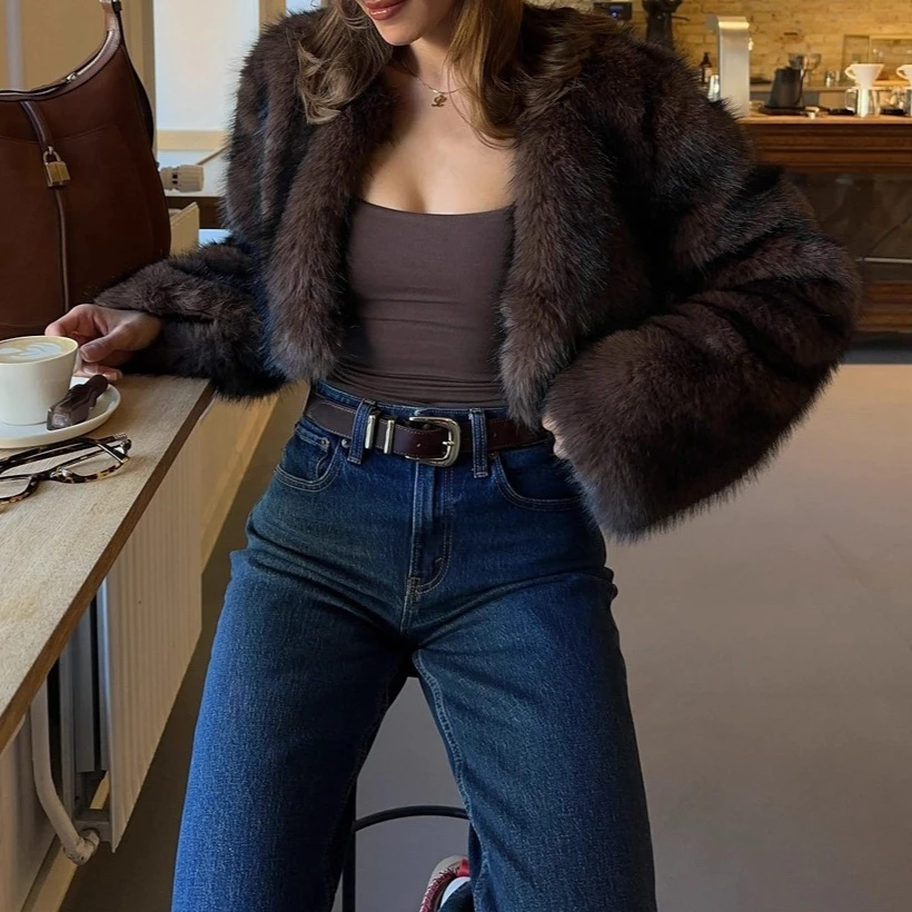 

Faux Fur Coats Women Solid Short Jackets Round Neck Long Sleeves Open Stitch Thick Warm Fur Loose Fit Casual 2025 Autumn Winter